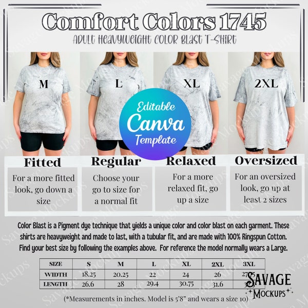 Comfort Colors 1745 Size Chart | Color Blast 1745 Size Chart | Size Chart Mockup | Tshirt Mockup | Color Blast Mockup