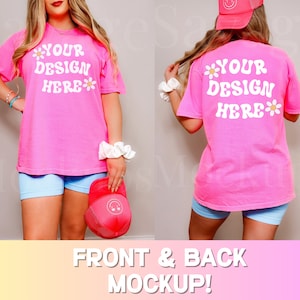 Front and Back of Comfort Colors NEON PINK Mockup | C1717 Shirt Mockup | Neon Pink Shirt Mockup | Trendy Mockup | Preppy Shirt Mockup