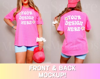 Front and Back of Comfort Colors NEON PINK Mockup | C1717 Shirt Mockup | Neon Pink Shirt Mockup | Trendy Mockup | Preppy Shirt Mockup