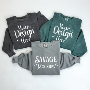 Comfort Colors Sweatshirt Mockup Trio | Comfort Colors 1566 Mockup | Pepper, Gray, and Blue Spruce Sweatshirt Mockup | Sweatshirt Mockup
