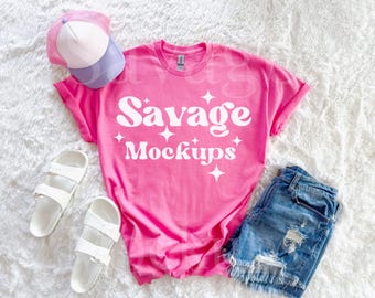 Gildan 5000 Azalea Mockup | Azalea Pink Gildan Mockup | Flat Lay Mockup | Trendy Mockup Outfit Mockup | Summer Shirt Mockup