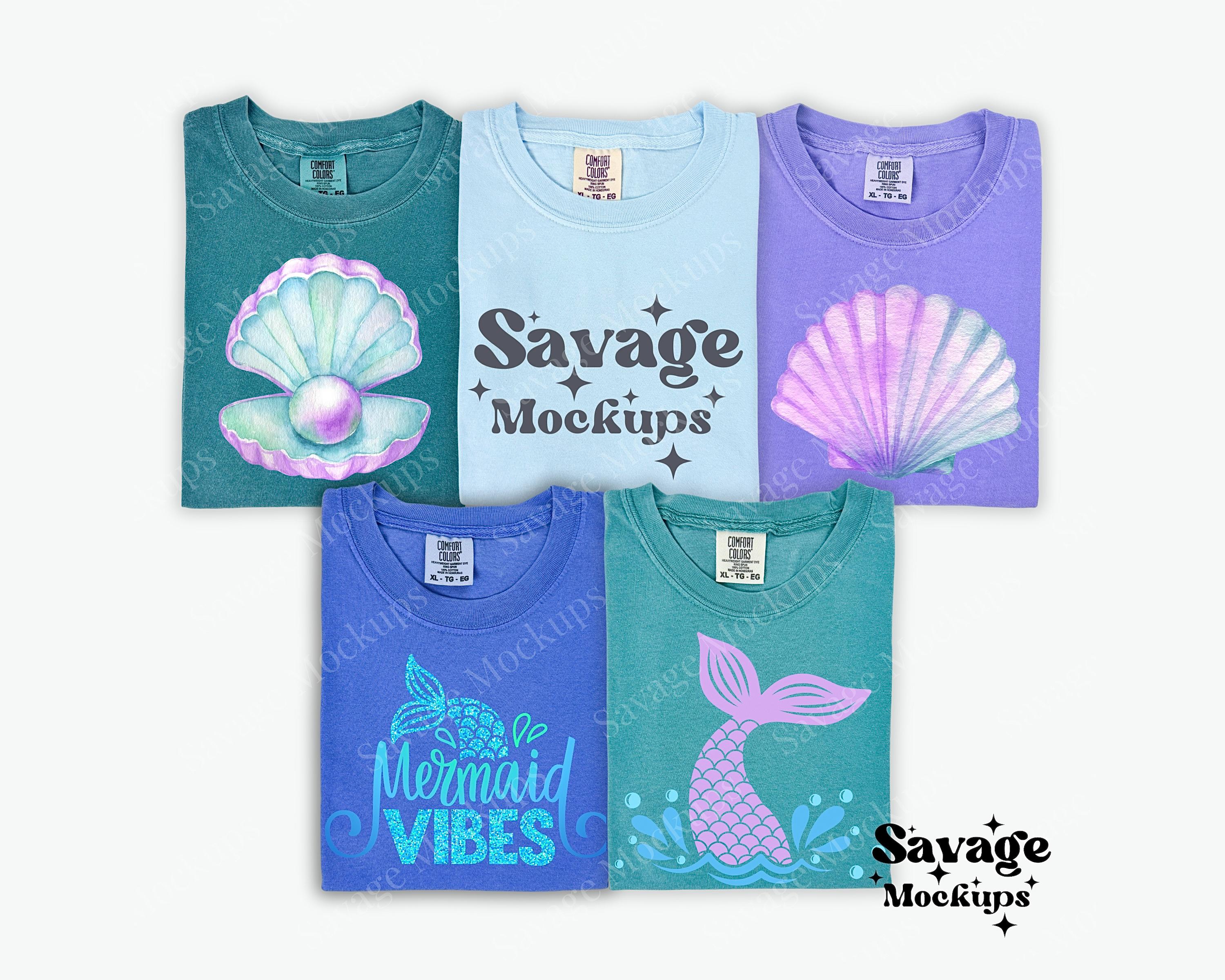 Comfort Colors 1717 Group Mockup | Emerald, Chambray, Violet, Flo Blue, Seafoam 1717 Mockup | Folded Shirt Mockup | Blue and Green Mockup