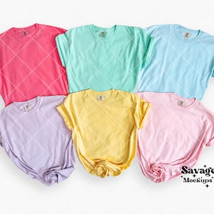 Puede incluir: Cinco camisetas en blanco de diferentes colores pastel: rosa, azul claro, amarillo, lavanda y verde menta. Las camisetas est&aacute;n dispuestas en plano sobre una superficie blanca.