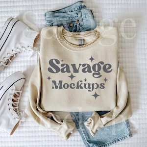 Sand Gildan 18000 Mockup | Sand Crewneck Sweatshirt Mockup | Folded Flat Lay Mockup |  Trendy Clean Mockup | Simple Aesthetic Mockup