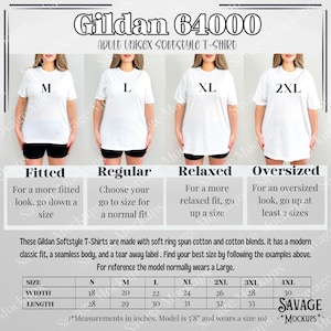 May include: A size chart for Gildan 64000 adult unisex softstyle t-shirts. The chart shows the different sizes available, from S to 4XL, and the corresponding width and length measurements in inches. The chart also includes information about the different fits available: fitted, regular, relaxed, and oversized.