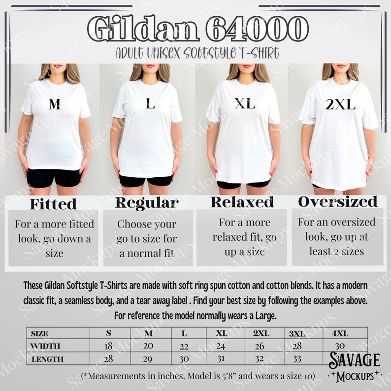 May include: A size chart for Gildan 64000 adult unisex softstyle t-shirts. The chart shows the different sizes available, from S to 4XL, and the corresponding width and length measurements in inches. The chart also includes information about the different fits available: fitted, regular, relaxed, and oversized.
