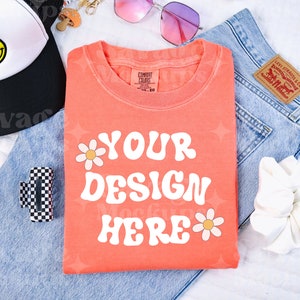 Bright Salmon Comfort Colors 1717 Mockup | Comfort Colors 1717 Mockup | Trendy Mockup | Flat Lay Mockup | Folded Tshirt Mockup