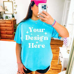Lagoon Blue Comfort Colors 1717 Mockup | C1717 Shirt Mockup | Model Mockup | Lagoon Blue Mockup | Trendy Aesthetic Mockup | Selfie Mockup