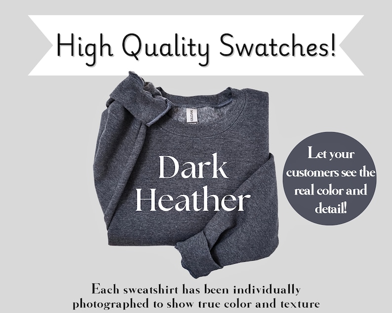 May include: A dark heather grey sweatshirt folded in half. The text "Dark Heather" is printed in white on the front of the sweatshirt. The image is a high quality swatch to show the true color and texture of the fabric.
