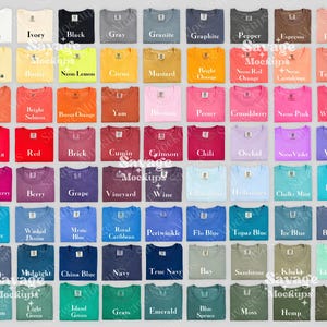 May include: A color chart of 50 different colors of t-shirts, folded and laid out in rows. The colors range from white to black, and include shades of red, blue, green, yellow, orange, and purple. The t-shirts are all the same style, with a crew neck and short sleeves.