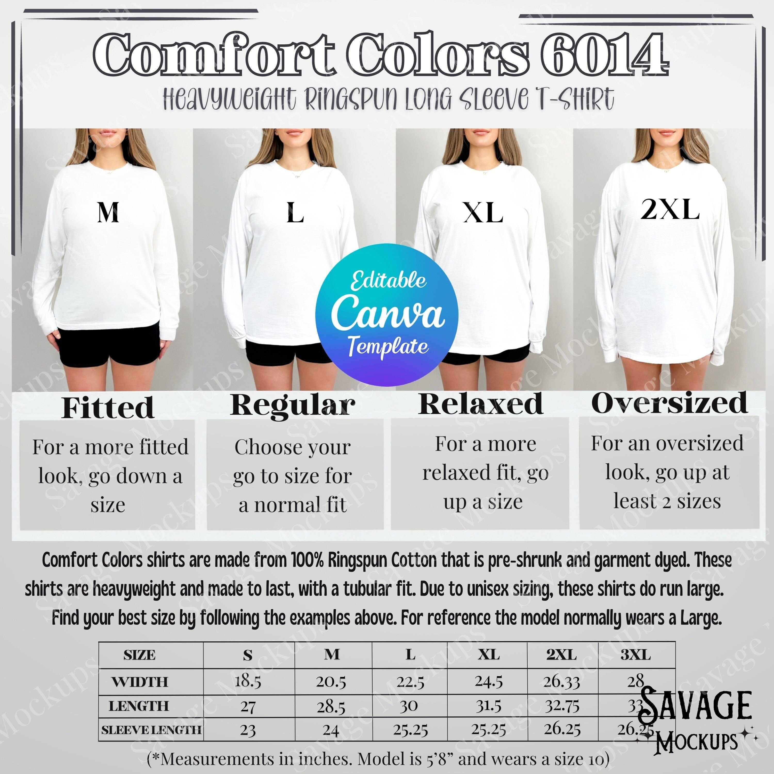 Comfort Colors 6014 Size Chart | Comfort Colors 6014 Mockup | Size Chart Mockup | Long Sleeve Shirt Mockup | Size Guide Mockup