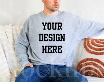 Sport Gray Gildan 18000 Mockup | Mens Sweatshirt Mockup | Sport Gray Sweatshirt Mockup | Male Model Mockup | Crewneck Sweatshirt Mockup