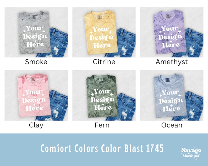 May include: Six different color t-shirts with the text "Your Design Here" printed on each. The t-shirts are laid out on a white surface with a pair of blue jeans on each side.