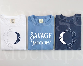 Comfort Colors C1717 Group Mockup | Blue Shirt Mockup | Folded Shirt Mockup | C1717 Washed Denim | Flat Lay Mockup | Unisex Shirt Mockup