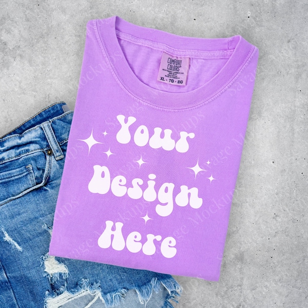 Neon Violet Comfort Colors Mockup | Neon Violet 1717 Mockup | Folded Shirt Mockup | Flat Lay Mockup | Neon Violet Shirt Mockup