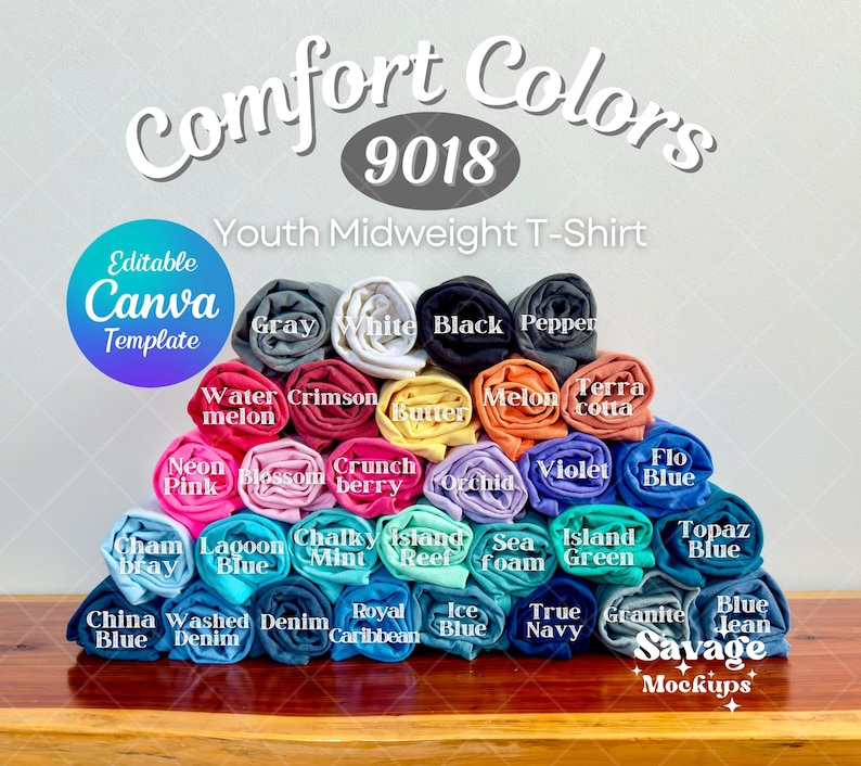 May include: A stack of rolled up t-shirts in various colors, including neon pink, blue, green, and yellow. The t-shirts are labeled with color names, such as "Watermelon", "Crimson", "Butter", and "Melon". The text "Comfort Colors 9018 Youth Midweight T-Shirt" is at the top of the image.