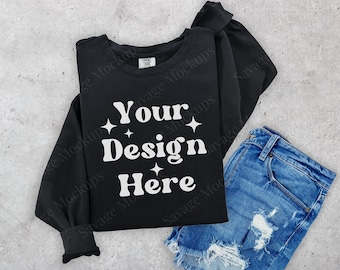 Black Comfort Colors 1466 Sweatshirt Mockup | Black 1466 Mockup | Comfort Colors Lightweight Sweatshirt | Black Sweatshirt Mockup