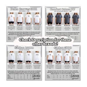 May include: Size chart for Bella Canvas 3001, Comfort Colors 1717, Gildan 18000, and Gildan 5000 t-shirts. The chart shows the measurements for each size, including fitted, regular, relaxed, and oversized. The chart also includes the brand name and style of each shirt.