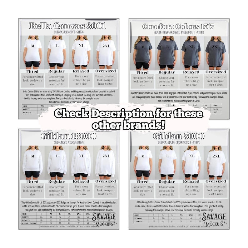 May include: Size chart for Bella Canvas 3001, Comfort Colors 1717, Gildan 18000, and Gildan 5000 t-shirts. The chart shows the measurements for each size, including fitted, regular, relaxed, and oversized. The chart also includes the brand name and style of each shirt.