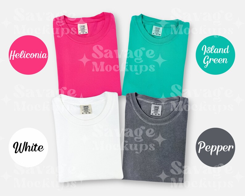 May include: Four folded t-shirts in different colors: white, pink, teal, and gray. The shirts are laid out on a white background. The colors are labeled with circles: white, heliconia, island green, and pepper.
