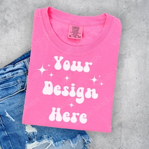 Neon Pink Comfort Colors Mockup | Neon Pink 1717 Mockup | Folded Shirt Mockup | Flat Lay Mockup | Pink Shirt Mockup | Unisex Shirt Mockup