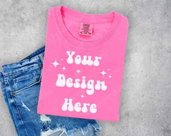 Neon Pink Comfort Farben Mockup | Neon Pink 1717 Mockup | Gefaltetes Shirt Mockup | Flaches Mockup | Rosa Shirt Mockup | Unisex Shirt Mockup