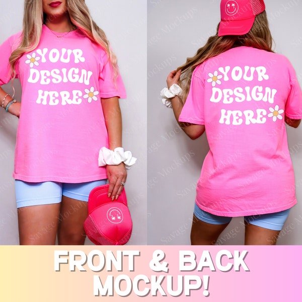 Front and Back of Comfort Colors NEON PINK Mockup | C1717 Shirt Mockup | Pink Shirt Mockup | Trendy Mockup | Preppy Shirt Mockup