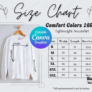 Comfort Colors 1466 Size Chart | Sweatshirt Size Chart Mockup | 1466 Mockup  | Hanging Sweatshirt Size Chart | Editable Size Chart