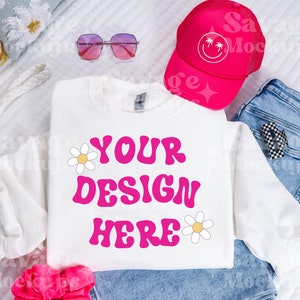 White Gildan 18000 Mockup | White Crewneck Sweatshirt Mockup | Trendy Mockup | Folded Flat Lay Mockup | Preppy Girly Mockup
