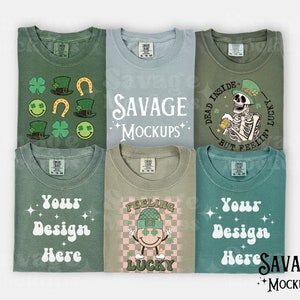 May include: Six different green, blue, and gray t-shirts with various designs. The designs include a skeleton with a beer, a shamrock, a horseshoe, a leprechaun hat, and the text "Dead Inside But Feelin' Lucky", "Your Design Here", and "Feeling Lucky".