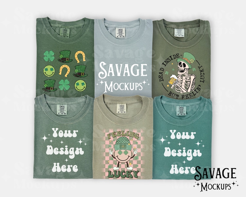 May include: Six different green, blue, and gray t-shirts with various designs. The designs include a skeleton with a beer, a shamrock, a horseshoe, a leprechaun hat, and the text "Dead Inside But Feelin' Lucky", "Your Design Here", and "Feeling Lucky".