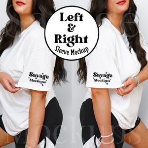 Puede incluir: Una maqueta de camiseta blanca con el texto "Savage Mockups" en las mangas izquierda y derecha. La modelo lleva pantalones cortos negros y tiene el pelo largo y negro.