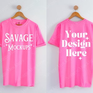 Neon Pink Comfort Colors 1717 Mockup | Front and Back of Neon Pink Shirt Mockup | Hanging Shirt Mockup | Unisex Shirt Mockup