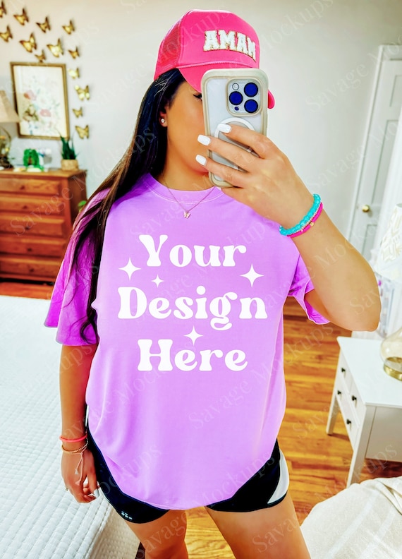 Neon Violet Comfort Colors 1717 Mockup C1717 Shirt Mockup Model Mockup  Neon Violet Mockup Trendy Aesthetic Mockup Selfie Mockup