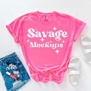 Neon Pink Comfort Colors Mockup | Comfort Colors 1717 Mockup | Neon Pink Shirt Mockup | Flat Lay Mockup | Bright Pink Shirt Mockup