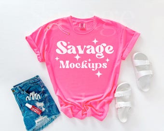 Neon Pink Comfort Colors Mockup | Comfort Colors 1717 Mockup | Neon Pink Shirt Mockup | Flat Lay Mockup | Bright Pink Shirt Mockup