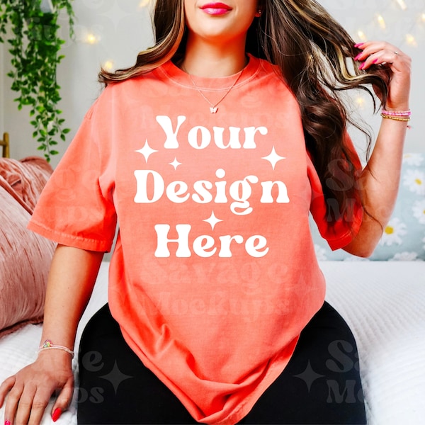 Bright Salmon Comfort Colors 1717 Mockup | Comfort Colors Mockup | Bright Salmon Mockup | Trendy Lifestyle Aesthetic Mockup | Model Mockup