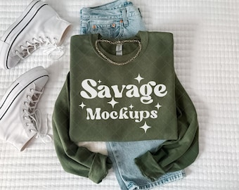 Military Green Gildan 18000 Mockup | Military Green Crewneck Sweatshirt Mockup | Folded Flat Lay Mockup | Trendy Clean Aesthetic Mockup