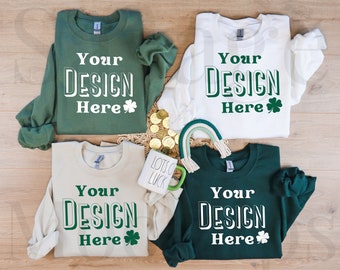 Gildan 18000 Group Mockup | St. Patrick’s Day Mockup | Green Crewneck Sweatshirt | Flat Lay Mockup | Folded Mockup