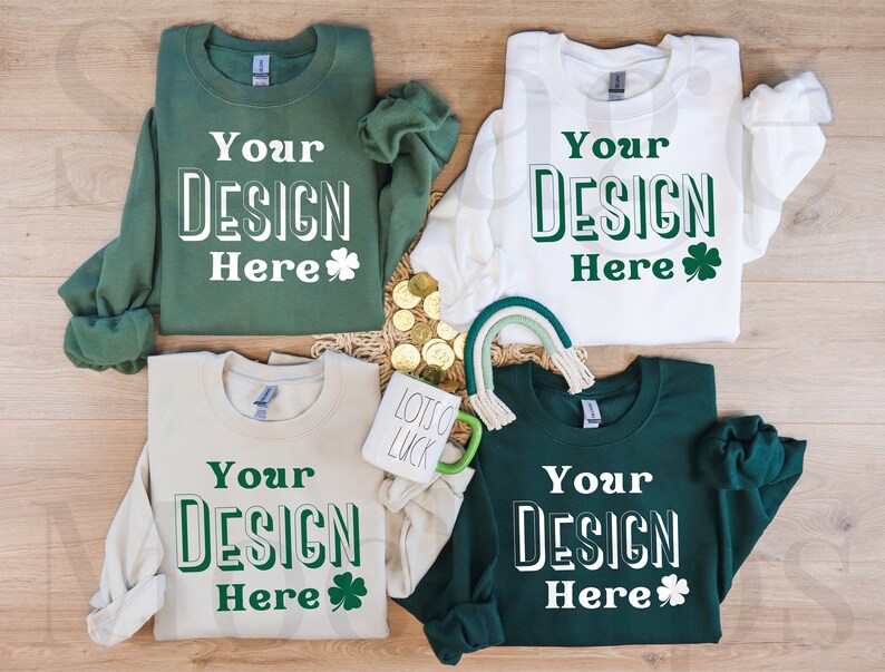 May include: Four long-sleeved sweatshirts in green, white, beige, and dark green with the text "Your Design Here" and a shamrock printed on each.