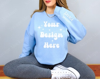 Light Blue Gildan 18000 Sleeve Mockup | Sweatshirt Mockup | Light Blue Sweatshirt Mockup | Sleeve Mockup | Gildan 18000 Mockup