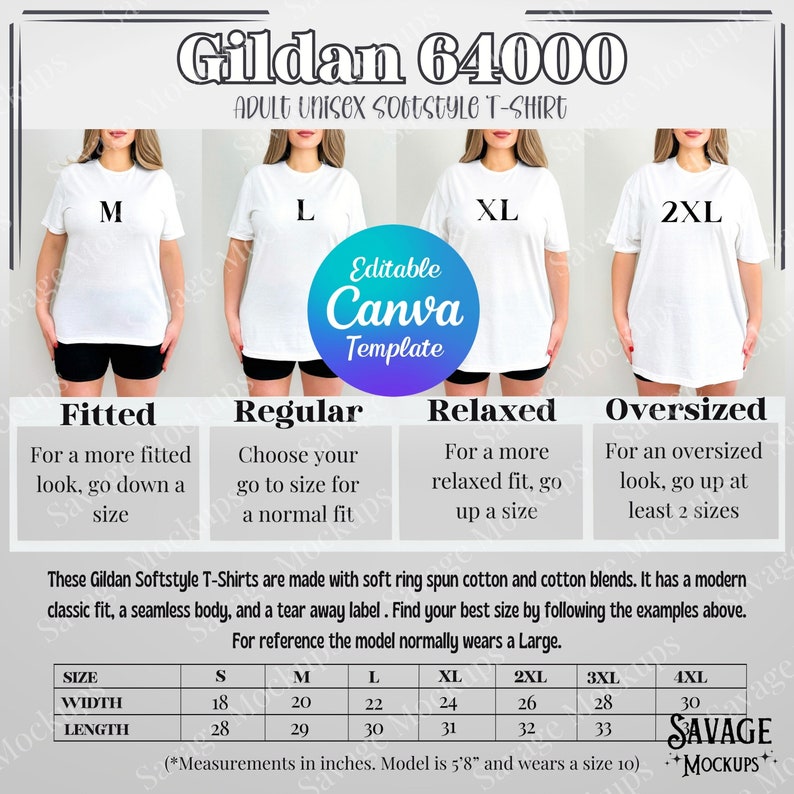 Gildan 64000 Size Chart showing one model wearing four sizes side by side for comparison