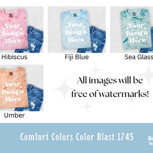 May include: Four different color t-shirts with a tie-dye effect. The shirts are laid flat on a blue denim background. The text "Your Design Here" is printed on each shirt. The text "Comfort Colors Color Blast 1745" is printed at the bottom of the image.