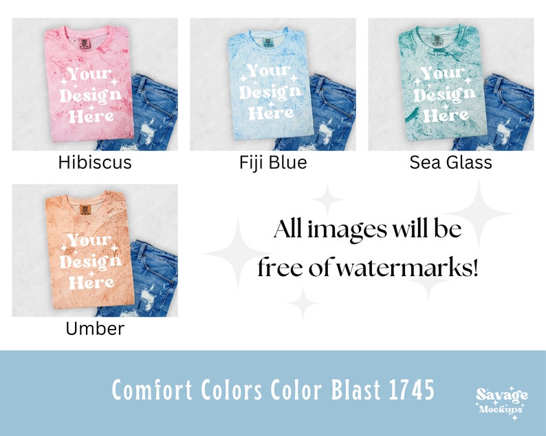 May include: Four different color t-shirts with a tie-dye effect. The shirts are laid flat on a blue denim background. The text "Your Design Here" is printed on each shirt. The text "Comfort Colors Color Blast 1745" is printed at the bottom of the image.