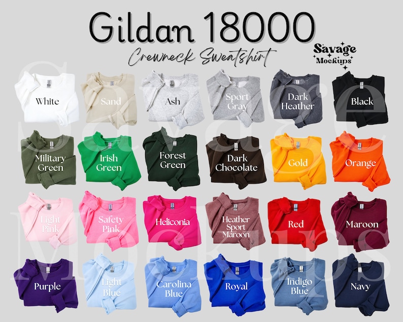 May include: Gildan 18000 Crewneck Sweatshirt color chart featuring 24 different colors, including white, sand, ash, sport gray, dark heather, black, military green, Irish green, forest green, dark chocolate, gold, orange, light pink, safety pink, heliconia, heather sport maroon, red, maroon, purple, light blue, Carolina blue, royal blue, indigo blue, and navy.