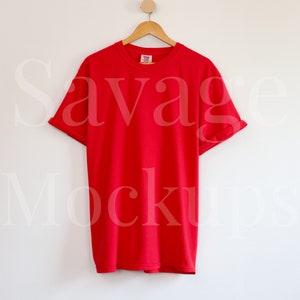 Comfort Colors Red Mockup | C1717 Mockup | Hanging Shirt Mockup | Flat Lay Mockup | Red Shirt Mockup | Unisex Shirt Mockup image 2