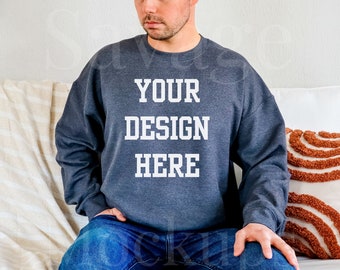 Dark Heather Gildan 18000 Mockup | Mens Sweatshirt Mockup | Dark Heather Sweatshirt Mockup | Male Model Mockup | Crewneck Sweatshirt Mockup