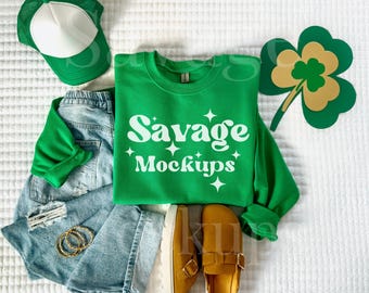 Irish Green Gildan 18000 Mockup for St. Patrick’s Day | Irish Green Crewneck Mockup | Folded Flat Lay Mockup | St. Patricks Day Mockup
