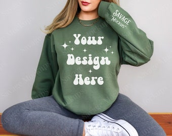 Maquette de manche Gildan 18000 vert militaire | Maquette de sweat-shirt | Maquette de sweat-shirt vert militaire | Maquette de manche | Maquette Gildan 18000