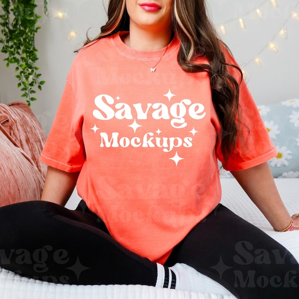 Bright Salmon Comfort Colors 1717 Mockup | Comfort Colors Mockup | Bright Salmon Mockup | Trendy Lifestyle Aesthetic Mockup | Model Mockup